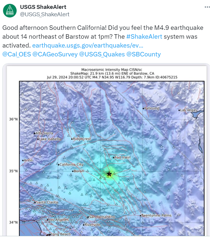 Earthquake Hits Los Angeles, Epicenter Located Near Barstow