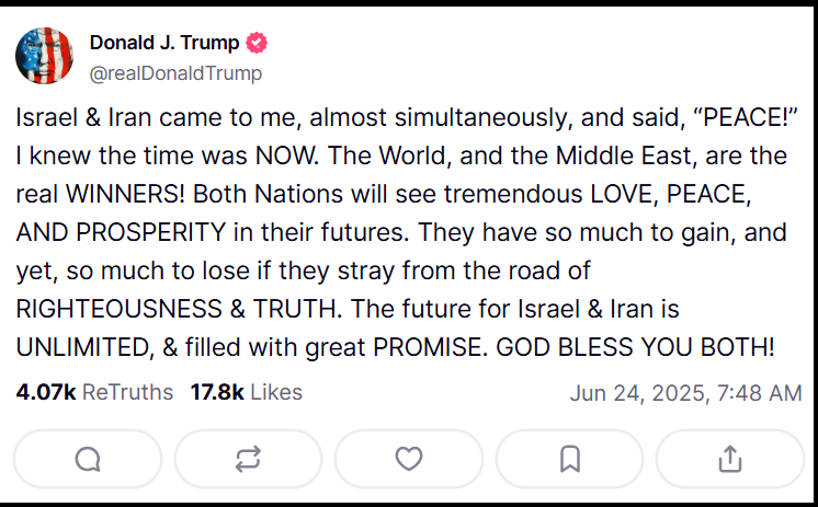 Trump Claims Both Israel and Iran Approached Him to Broker Peace as He Hails Ceasefire Talks