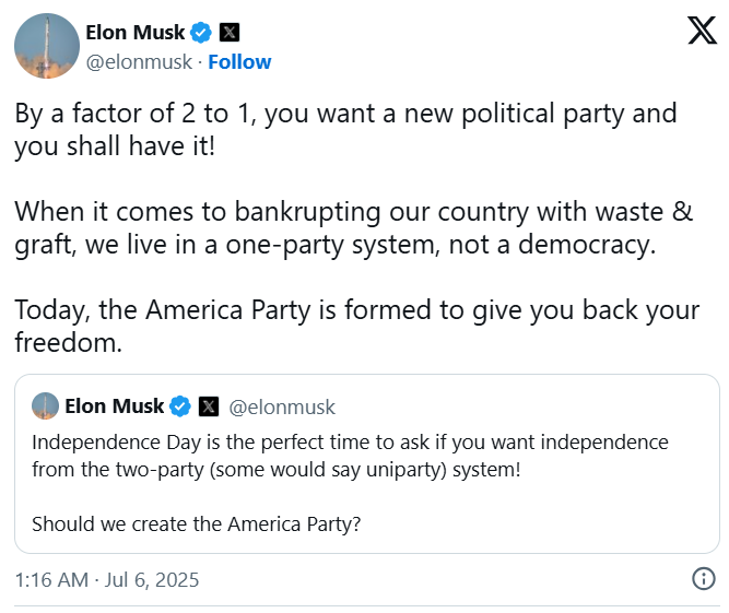 Elon Musk Unveils New ‘America Party’ Following Trump’s Signing of Landmark Spending Bill